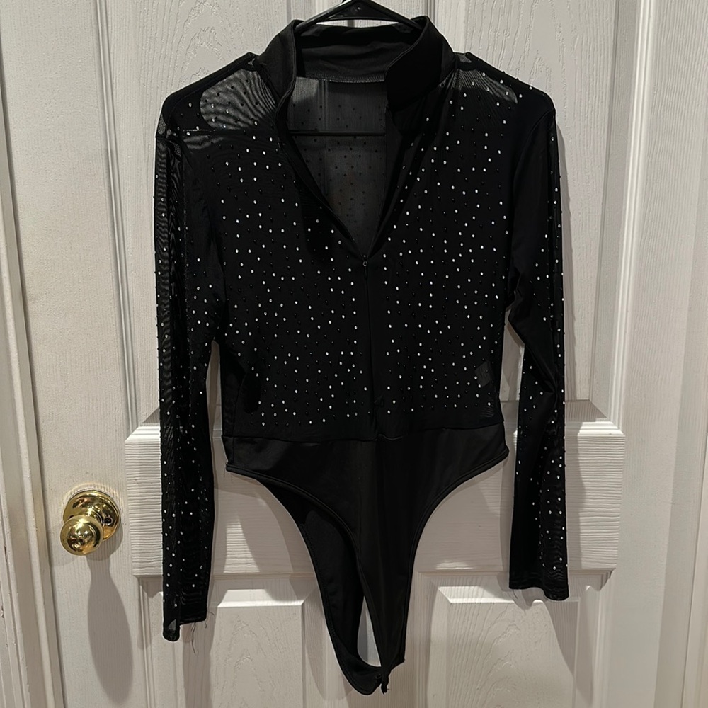 Rhinestone Sparkly Bodysuits Studded Sheer Mesh Long Sleeve Top XL nwot